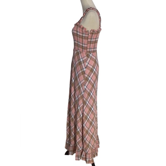 Sundays Beau Smocked Crystal Plaid Ruffle Hem Maxi Dress Cotton Linen Sz Large - Picture 7 of 10